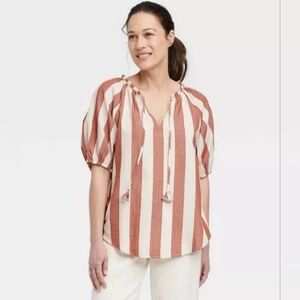 Knox Rose Size Medium Striped Puff Half Sleeve Boho Blouse Red Cream Cotton